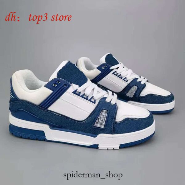 Louies Vuttion Shoe Sapatos LVSE Sapatos Desinger Sapatos Virgil Low Emed Running Shoes Sneaker Shoes Plataforma Letra Calfskin Denim Leather Men Women Sky Blue Abloh 9883