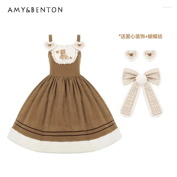Lässige Kleider Winter süßer Lolita Mini Kleid für Frauen Japanisch Kawaii Cartoon Print Patchwork Farbe Y2K Slim Fit Sling Cord