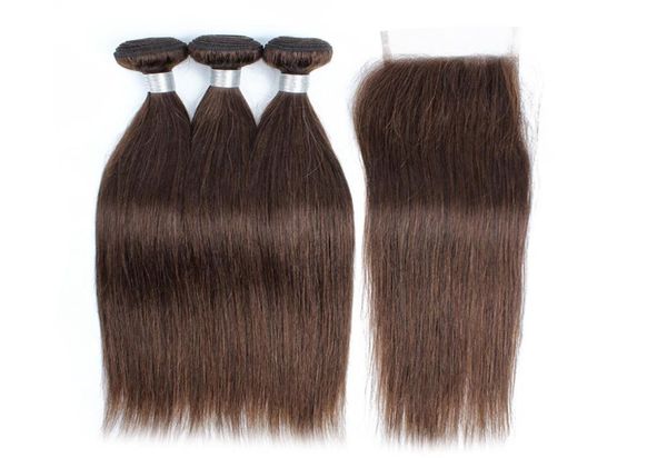 Kuss Haarfarbe 4 Schokoladenbraune gerade Haare 3 Bündel mit Spitzenverschluss Rohes jungfräuliche indische Remy Human Hair Extensions2199698