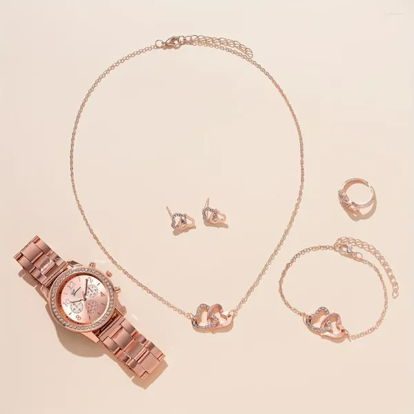 Relógios de punho Banda de aço Women's Women Fake Three Eyes Rose Gold Korean Edition colar Bracelet Ring Quartz Watches Reloj Para Mujer