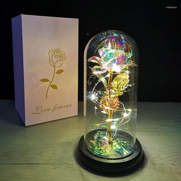 Dekorative Blumen 2024 LED Enchanted Galaxy Rose Eternal 24k Goldfolie Blume mit Feenschnurleuchten in Kuppel zum Weihnachtsvalentinstag