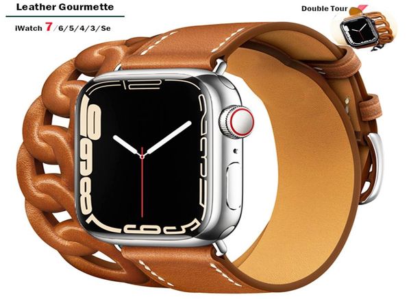 Gourmette Leather Double Tour Straf Band, совместимая с часами 7 45 мм 41 мм Correa 42 38 мм браслет IWATCH Series 6 5 4 3 SE 44 мм 40 мм6056154