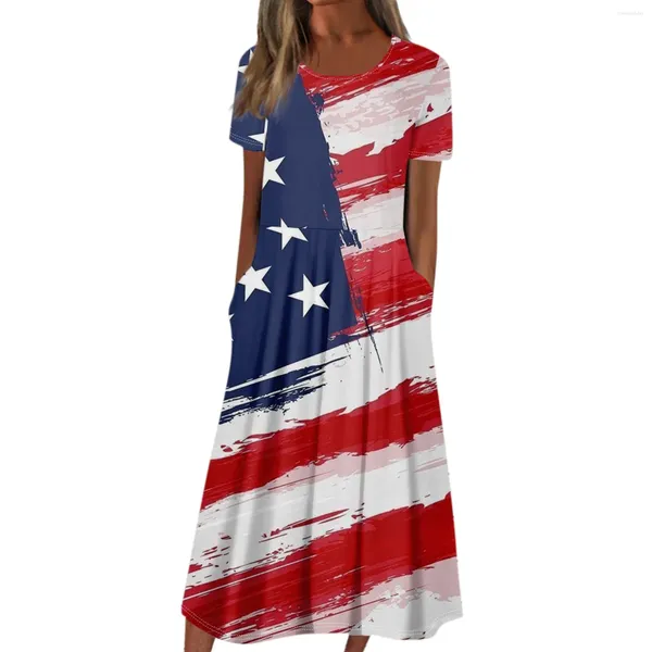 Lässige Kleider Frauen Sommer Mode Independence Day bedruckt kurzarm runden Kleidungskleid Vestidos Largos de Mujer 2024