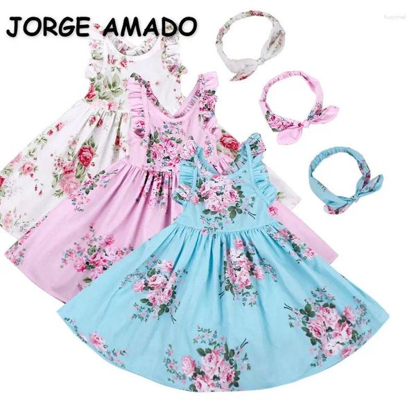 Mädchenkleider Sommer Babykleid blau rosa weiße Baumwolldruck ärmellose Rüschenschlinge Stirnband Fashion Kinder Kleidung E94212