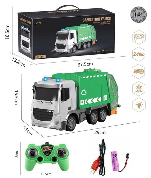 Dascast Model Cars 2.4g RC Transport Müllwagen Musik Leuchtadio -Steuerung Elektrische Sanitärfahrzeug simulierte Kinderspielzeug J240417