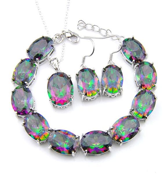 3pcs Lot Yüzük Küpe Bilezik Mücevherleri Setsfashion Glary 925 STERLING Gümüş Oval Taş Takı Gökkuşağı Gökkuşağı Mystic Topaz Jewelry5494482