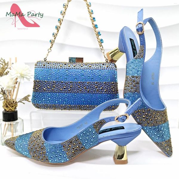 Vestido Sapatos Nigerianos Chegadas 2024 Design e bolsa italiana em cor azul -céu de calcanhar de ponta -de -pé confortável para a festa