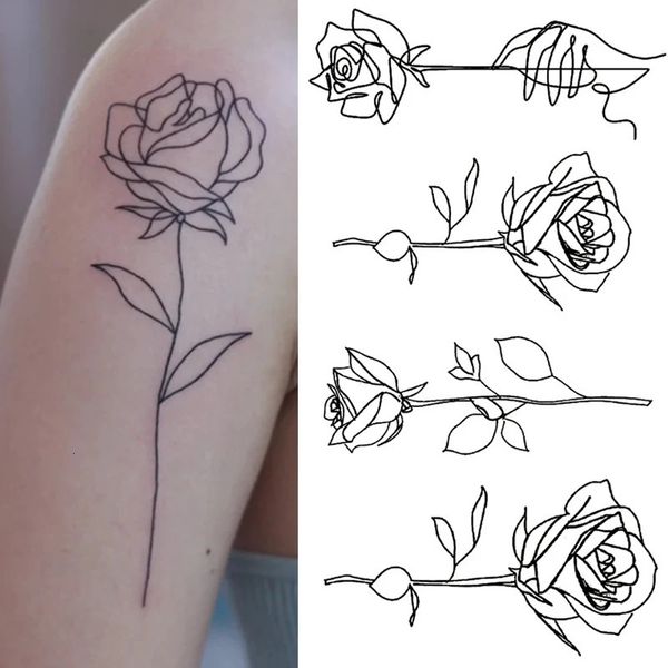 1pcs schwarze Rose temporäre Tattoo Aufkleber Blumen Schmetterling Bein Beine Arm Art Realistic Fake Festival Party Bikini Tattoos 240408