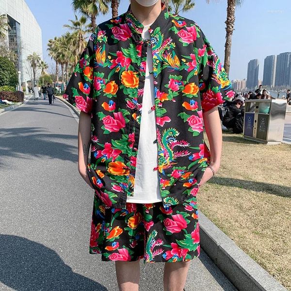 Tute da uomo Summer Northeast Big Flower Coppia Coppia cinese Shirt a maniche corte a maniche corte in 2 pezzi
