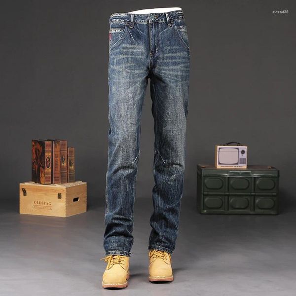 Herren Jeans Italienischer Stil Mode Retro Blue Stretch Slim Fit Button Up Hosenschlitz Denim Denim
