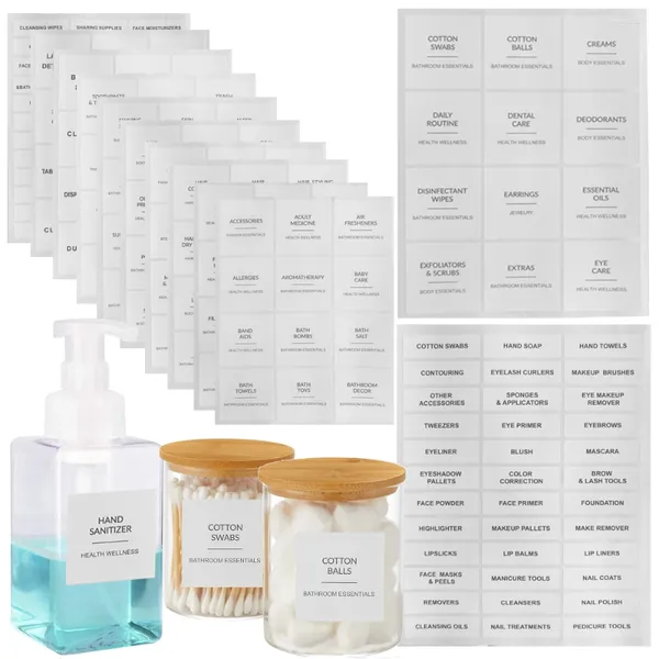 Distributore di sapone liquido 189/204 pcs Etichette del bagno minimalista pre -stampate adesivi per trucco per la casa con coperta