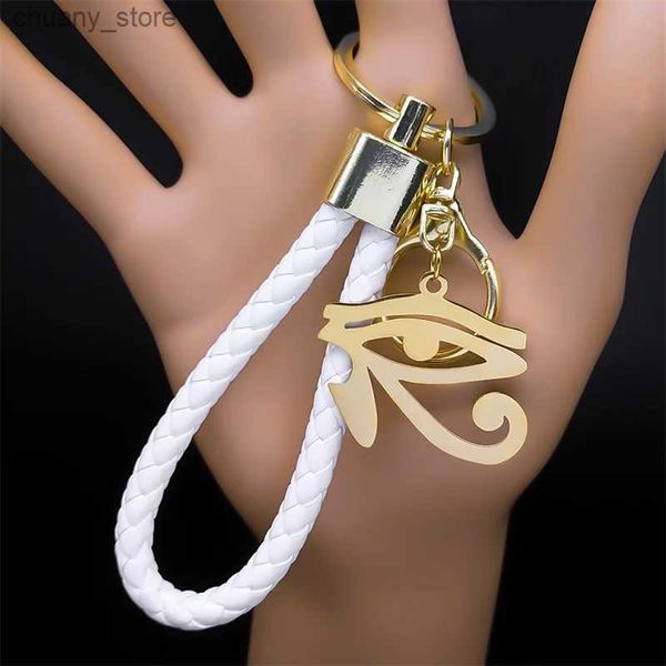 Schlüsselanhänger Lanyards Ägypten Auge des Horus Edelstahl -Anhänger Keychain für Frauen Männer Gold Farbe ägyptische PU Leder Keyring Souvenir Geschenkschmuck Y240417