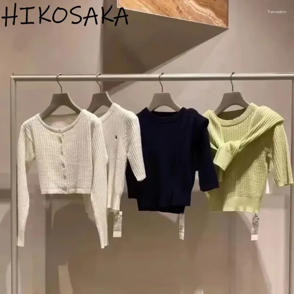 Kadın Sweaters Japonya Tarzı Sıradan Kadın Takım Out Yarım Kollu Nakış Altakları Tek Göğüslü Uzun Kısa Kısa Haltan Triko Setleri