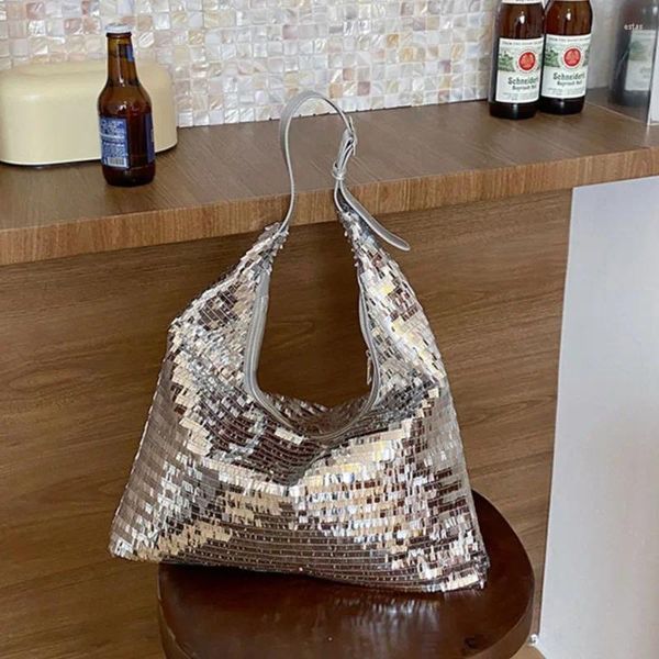 Drawstring payetler kova çanta çanta gümüş kadınlar küçük bling moda bayan kızlar parıltı çanta