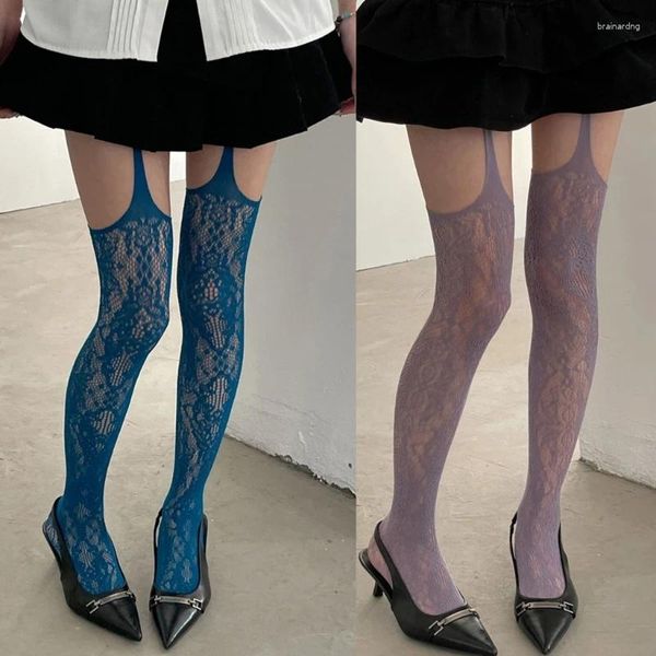 Kadınlar SOCKS Japon çiçek desen Fishnet Pantyhose Susuklu Taytlar Döviz Renkli Jarturu Kemeri Uyluk Yüksek Çorap