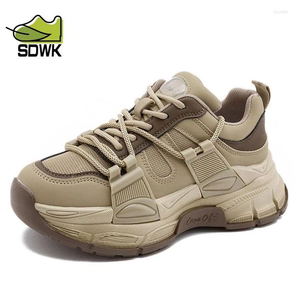 Sapatos casuais sdwk tênis de couro genuíno feminino cesto de moda cesta de moda femme lace-up chunky