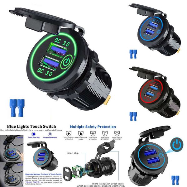 Novo 12V/24V 36W QC 3.0 Touch Switch Dual Charger USB Impermeável Motocicleta Universal Motocicle