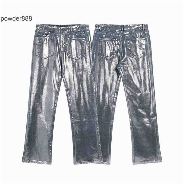 2024 Летовая новая марка моды High Street Ярко -голубое серебряное лазерное отдых Микроэластичные джинсы для мужчин и женщин