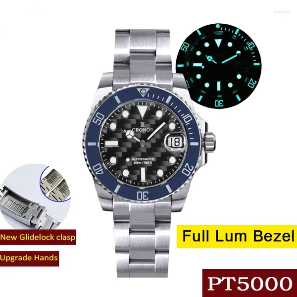 Relógios de pulso Cronos Mens Luxury Watches Automático Mecânica BGW9 Luminous Diver 200m Sapphire Fiber Dial Sapphire Fiber Dial