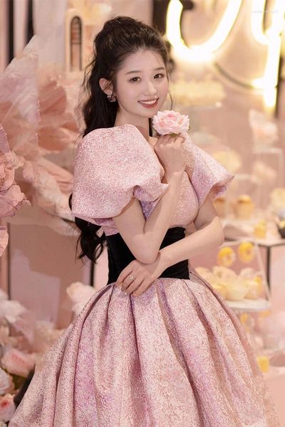 Платья для вечеринок сладкий розовый выпускной рукав квадратный воротниц