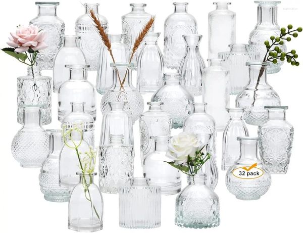 Vasi Bocciolo di vetro Set di 32 piccoli fiore per decorazioni da tavolo da centrotavola per matrimoni Clear vintage in rilievo mini