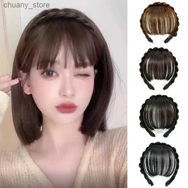 Stirnbänder Aishg Air Bangs Perückenhaarband für Frauen Real Hair Braid Hair Hoop All-in-One natürliche Stirn Top Stirnband Haarzubehör Y240417