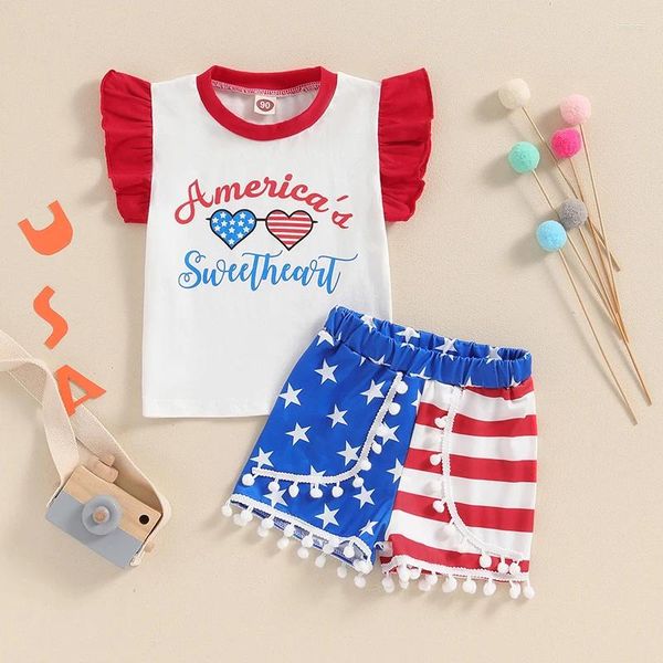 Kleidung Sets Fashion Kids Baby Girl Outfits für 4. Juli Rüschenhülsen-Print-T-Shirt mit Star Stripe Quasten Shorts Kleinkinder