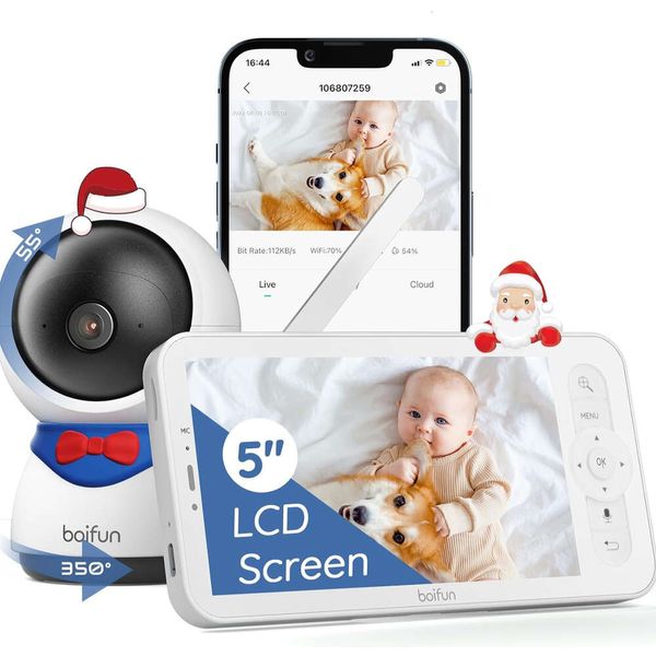 Boifun 5 Babypitor mit 1080p WiFi -Kamera, Nachtsicht, 2 -Wege -Gespräch, Bewegungserkennung, Aufzeichnungswiedergabe, Schlaflieder, kostenlose Telefon -App -Steuerung - funktioniert mit Bildschirm und App
