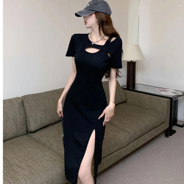 Vestidos casuais Hollow Hollow Out Sexy Slim Fit Split Dress Girl Spicy Slimming Mid Length Black Diagonal ombro A-line A-line