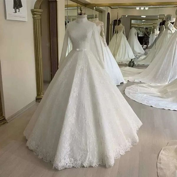 Vestido de miçanga de casamento de renda muçulmana mangas compridas modestas uma linha vestidos de noiva alto pescoço piso comprimento islâmico 2022 vestidos de noiva feitos personalizados es personalizados