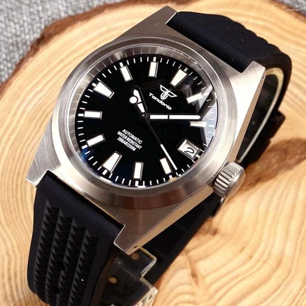 Нарученные часы Tandorio Diver 62MAS 38 мм стальные механические часы Men Japan NH35 Dome Sapphire Glass Waffle -Band 20BAR Водонепроницаемые часы