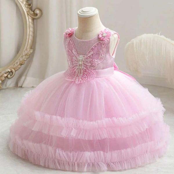 Kız Elbiseler Kızların 3D Kelebek Kolsuz Prenses Elbise 0-4 Yaşındaki Çocuklar Bowknot Mesh Doğum Günü Partisi Akşam Performansı
