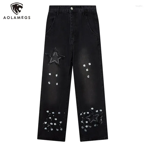 Jeans maschi maschi neri stelle a cinque punte spruzzano design inchiostro pantaloni di denim americano retrò punk gamba larga pantaloni unisex