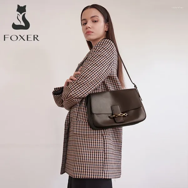 Bag Foxer Marke Klassische Griff -Umhängetaschen Frauen Kuh Leder Mode Handtasche Pendeldame Vintage Achselwäsche weibliche braune Totes
