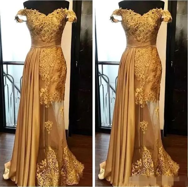 2024 Modest Gold Prom Vestres de renda Apliques de tampa Mangas de túmulo tule elástico cetim de cetim de espinha de espinha -de -mar use vestido de noite longa