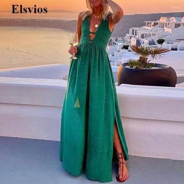 Lässige Kleider Sommer Solid Taille Plissee ärmellose Hohlauslänge Lange Kleid Frauen Ins Boho Maxi Luxus Split V-Ausschnitt Abend