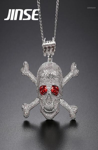 Jinse Full Afinestone Punk Red Cz Stone Skeleton Skulet Pendants Ожерелья для мужчин Золотый цвет хип -хоп -ювелирные изделия Подарочная веревка цепь12510513