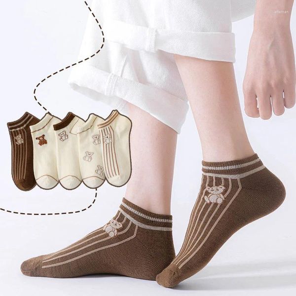 Frauen Socken 5pairs Cartoon Bär Ankel Boot Frühling Sommer dünne Baumwolle unsichtbare Mädchen Harajuku Schöne Low geschnittene Sokken