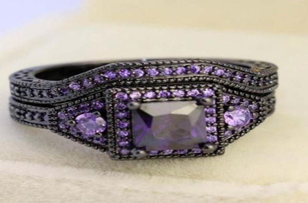 Anelli di nozze Creative Fashion Jewelry Princess Cut Purple Zircon Stone Black Reliet Ring Set Anniversary7124538