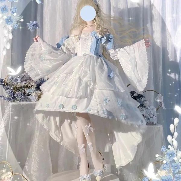 Lässige Kleider Lolita Kleid Full Set Women Winter Tinglan Blume Langarm weiße Prinzessin süße elegante Rüschen Bogenfee