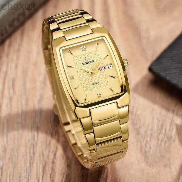 Armbanduhr Wwoor 2024 New Square Watch Men mit automatischer Woche Datum Luxus Edelstahl Gold Herren Quarz Wrist Watches Relogio Maskulino D240417