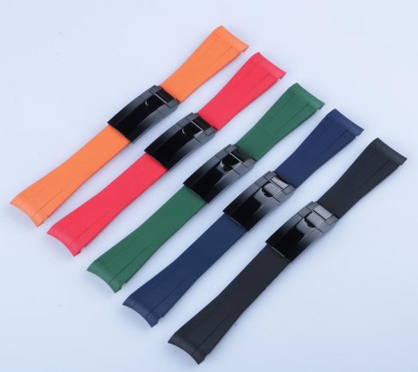 20 mm gebogenes Ende Watch Band und schwarz poliertes Verschluss Silikon Schwarz Navy Green Orange Red Gummi -Uhrband für Rol -Gurt -Unter GMT DA4176645