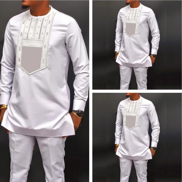 Beyaz İşlemeli 2 Parça Gömlek Pantolon Takım Uzun Kollu Zarif Afrika Etnik Tarz Takım elbisesi Abaya Mens Giyim