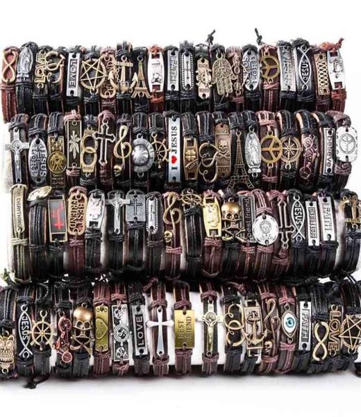 Hoqiaga 100pcs кожаные браслеты мужчины женщины подлинный винтажный панк -рок ретро -пара ручной работы ручной манжеты целые лоты объем 21035346796