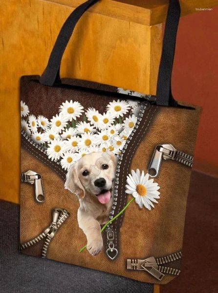 Bolsas de armazenamento Golden Retriever Daisy Women Tote Bag Handle Shopper Funny Dobrável Reutilizável Padrão de cão de 15 estilo 15 estilo