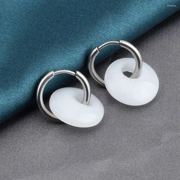 Brincos de argolas de aro de jade branco redondo de aço inoxidável para mulheres vintage elegante earclip masculino jóias