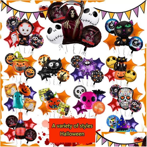 Andere Hochzeitsbevorzugungen 5pcs/Set Halloween Balloons Set Happy Party SKL Kürbiszene Horror Decor Foil Ballon Trick oder Behandlungs Ballons Dhxuf