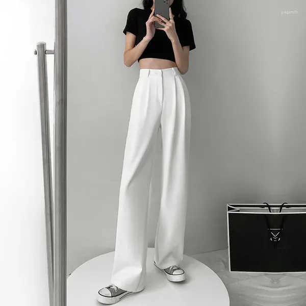 Frauenhose Eisseide weiße Anzüge für Frauen elegante Büro Damen Hosen Weitbein gerade lose schwarze koreanische Stile