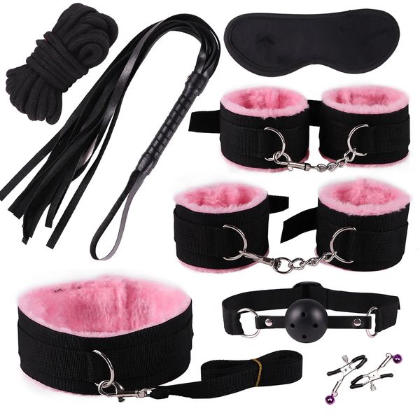 8 pcsset bdsm Bondage Kit Handschellen Brustwarzen Klemmen Mund Ball Gag Peitsche Baumwollseil Sexspielzeug für Paare Augenmaske Halskragen 240412