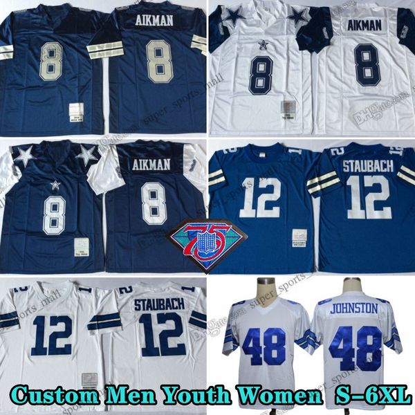 Custom 75th Vintage 8 Troy Aikman 1985 Maglie da calcio 21 Deion Sanders 12 Roger Staubach 22 Emmitt Smith 33 Tony Dorsett 88 Michael Irvin 94 Charles Haley White